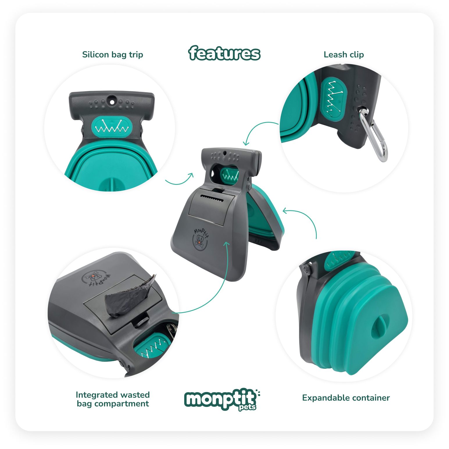 Integrated bag holder and silicon strap of the MonPtit Pets scooper