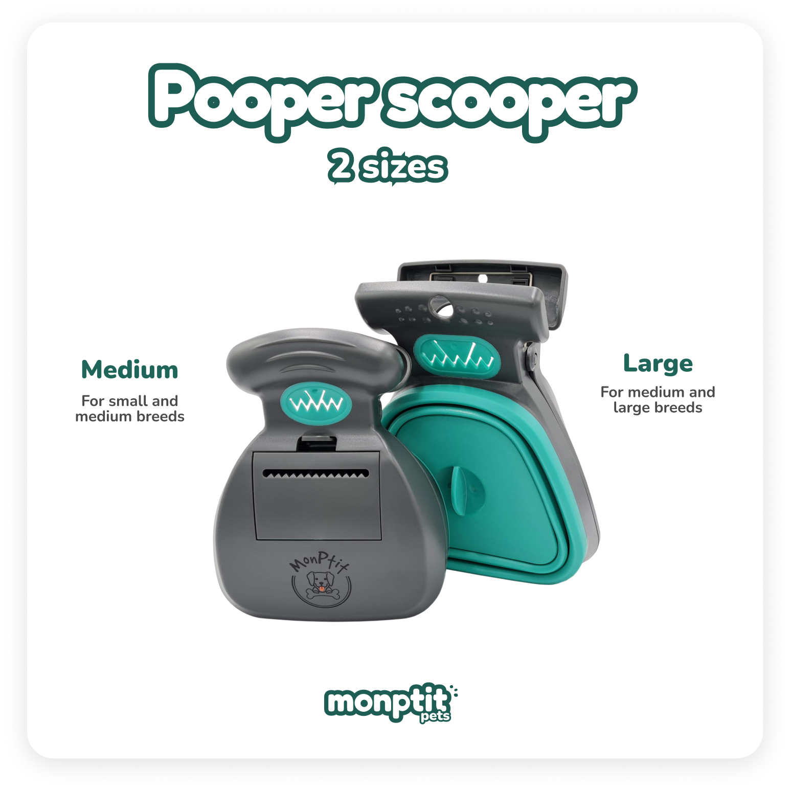 Comparison between medium and long pooper scooper sizes by MonPtit Pets