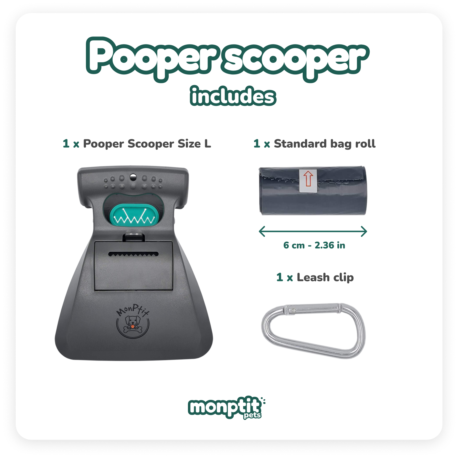MonPtit Pets long pooper scooper with accessories: bag roll and clip