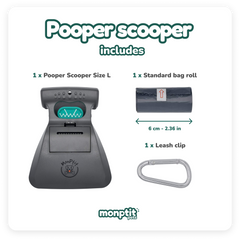 MonPtit Pets long pooper scooper with accessories: bag roll and clip