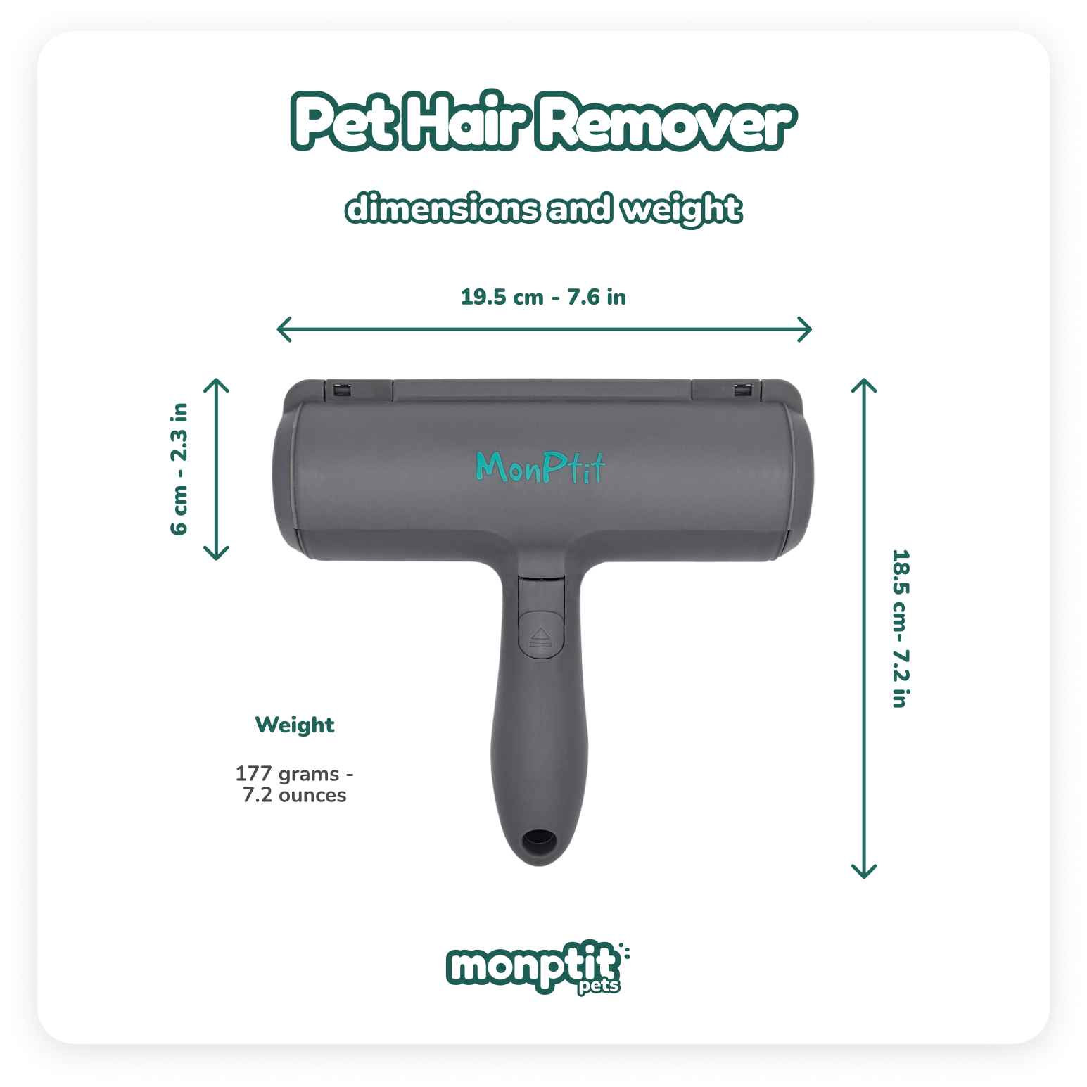 Dimensions and weight of Monptit Pets Pet Hair Remover – lightweight and compact