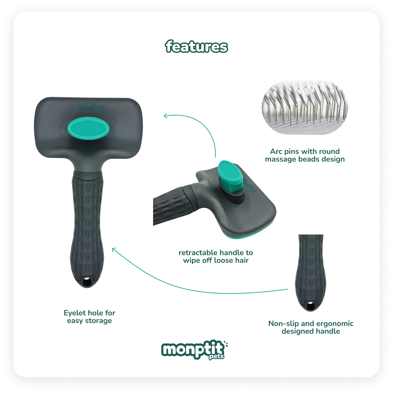 Monptit Pets ergonomic brush – non-slip handle, retractable cleaning system