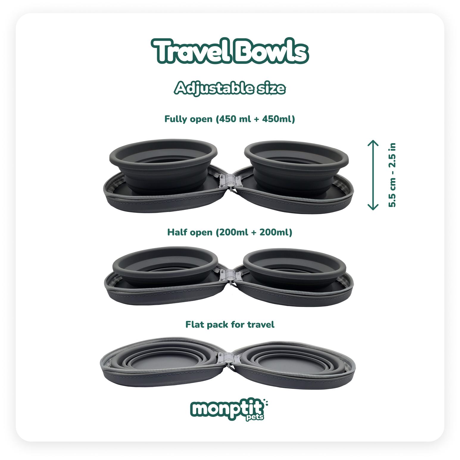 Adjustable size pet bowls – Monptit Pets travel bowl in three height options