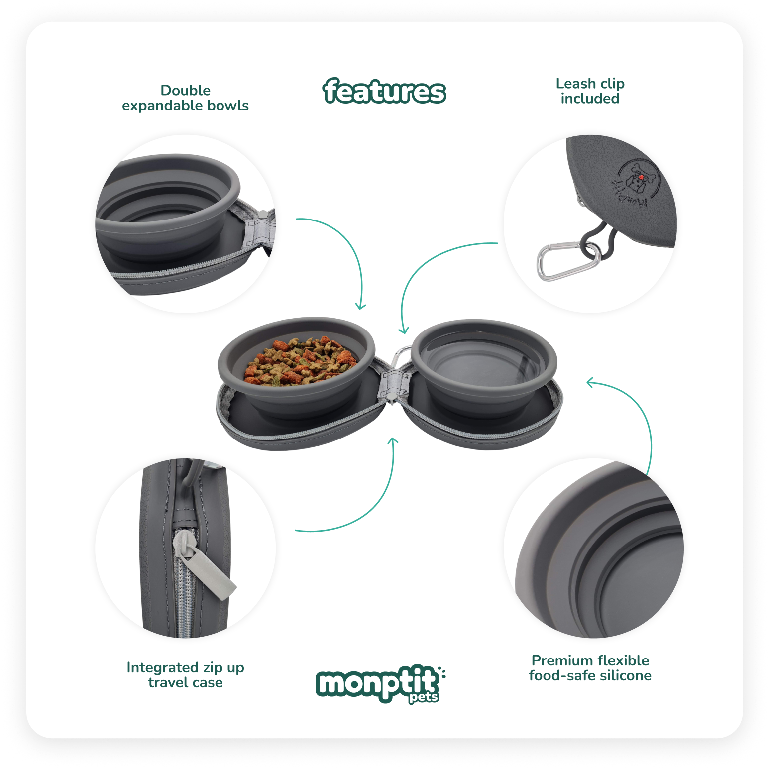 Monptit Pets travel bowl features – leak-proof zip case and BPA-free silicone