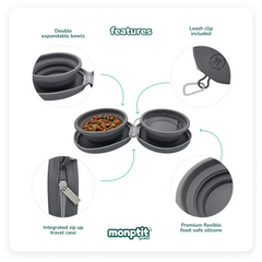 Monptit Pets travel bowl features – leak-proof zip case and BPA-free silicone
