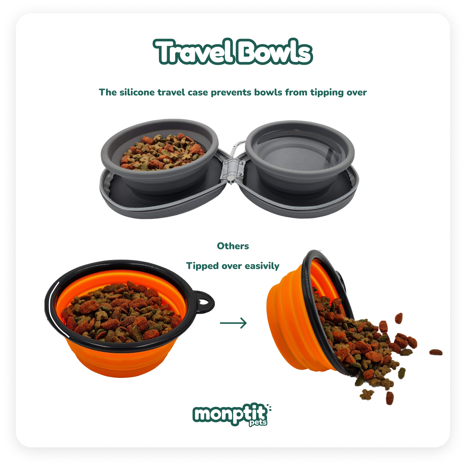 Sturdy silicone case keeps Monptit Pets bowls upright – vs generic bowls