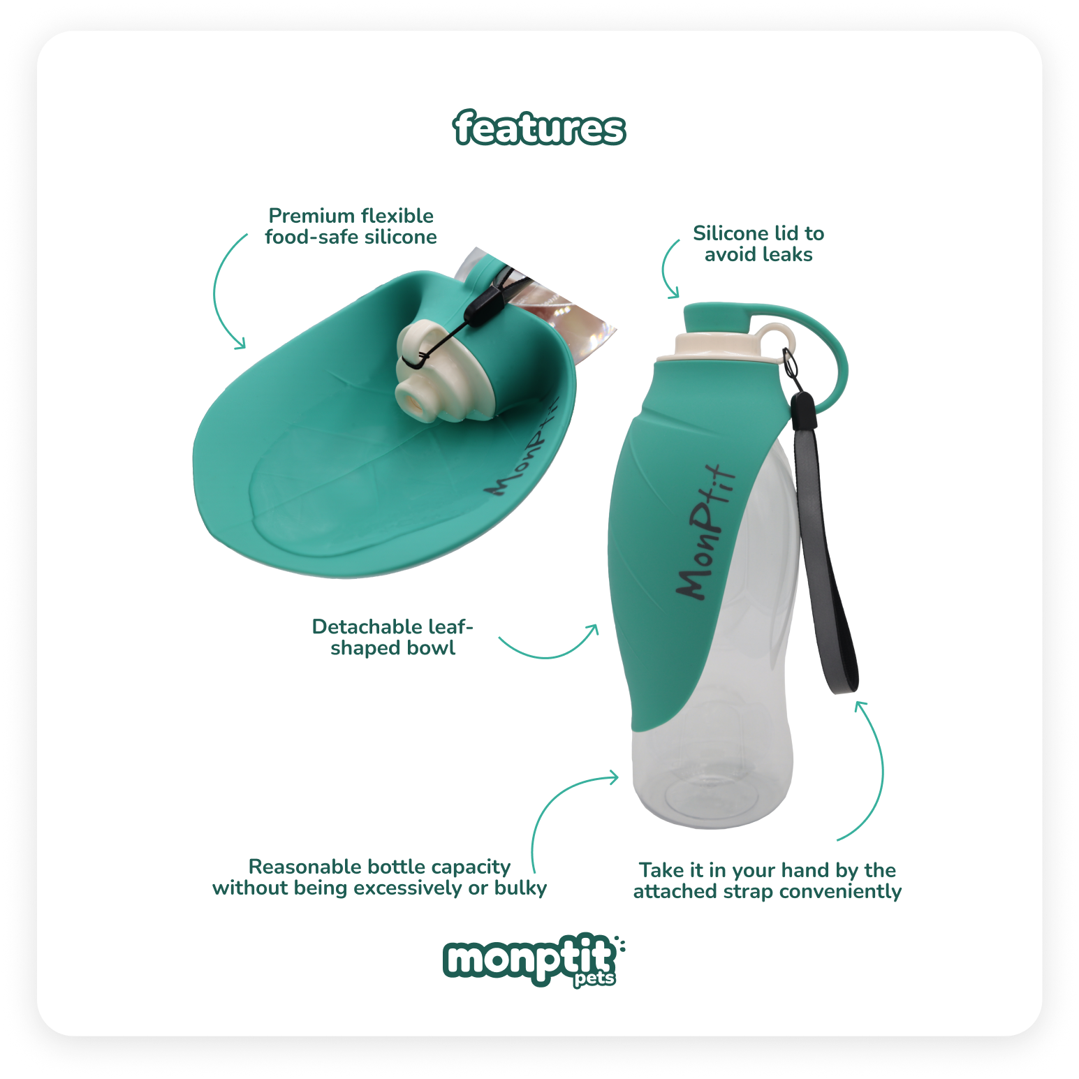 Foldable Monptit Pets water bottle with built-in bowl for dogs and cats