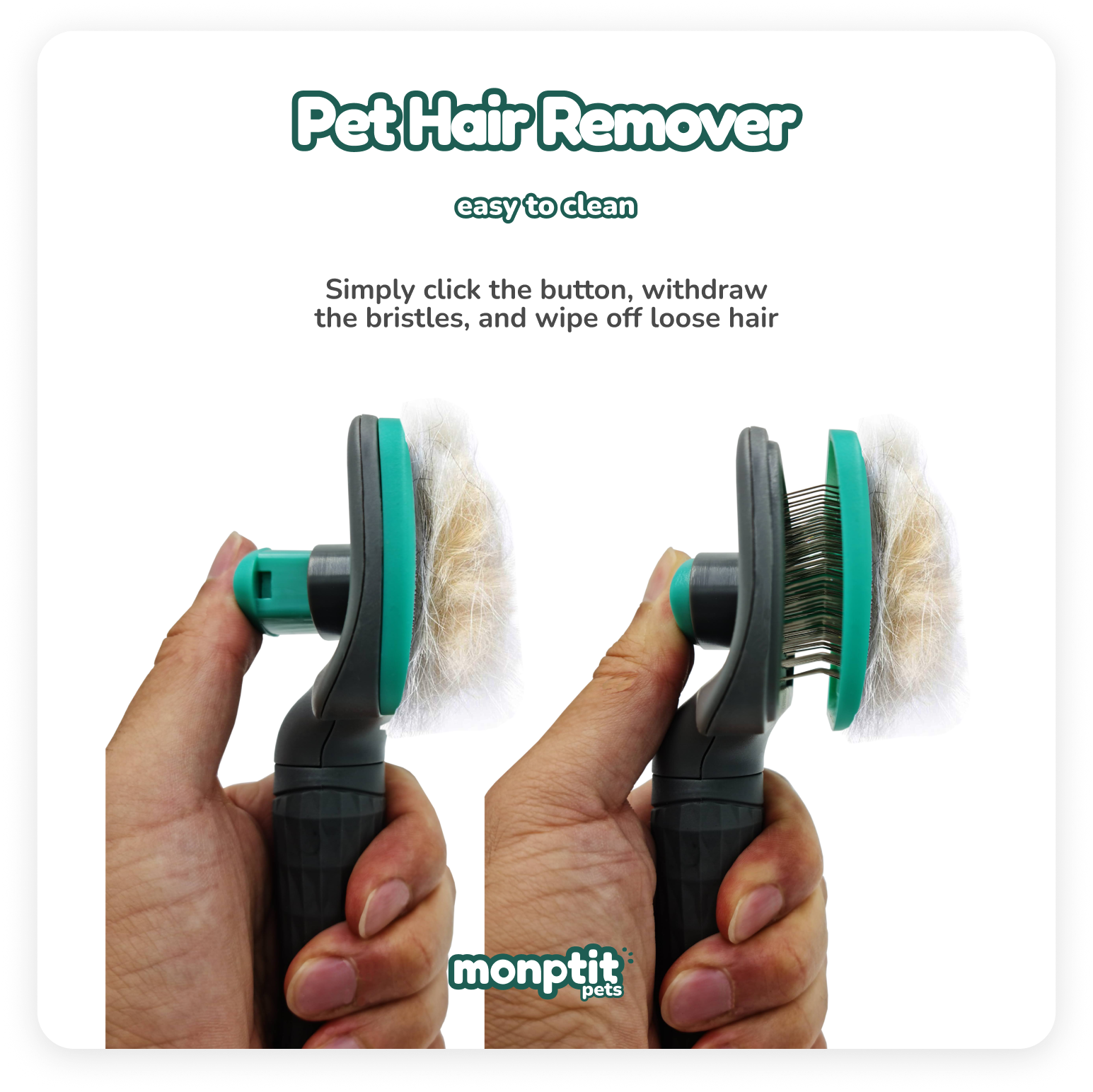Monptit Pets Slicker Brush demo – how to remove loose pet hair safely and clean the brush in seconds